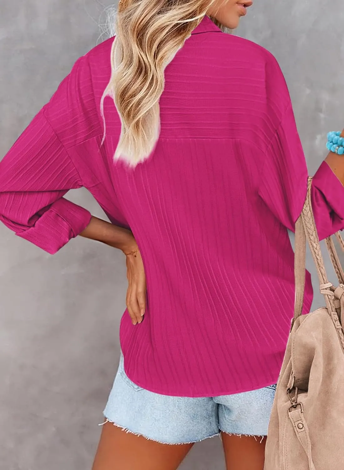 HOTOUCH Womens Button Down Shirt Casual Long Sleeves Loose fit Classic Collared Blouses Fasion Textured Top with Pockets