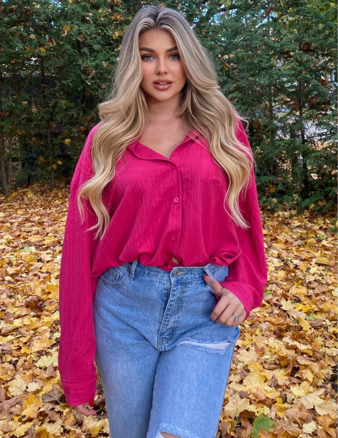HOTOUCH Womens Button Down Shirt Casual Long Sleeves Loose fit Classic Collared Blouses Fasion Textured Top with Pockets