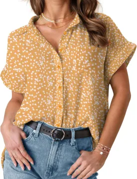 HOTOUCH Womens Short Sleeve Button Down Shirts Loose Fit V Neck Business Casual Blouses Summer Top with Pockets S-XXL
