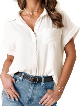 HOTOUCH Womens Short Sleeve Button Down Shirts Loose Fit V Neck Business Casual Blouses Summer Top with Pockets S-XXL