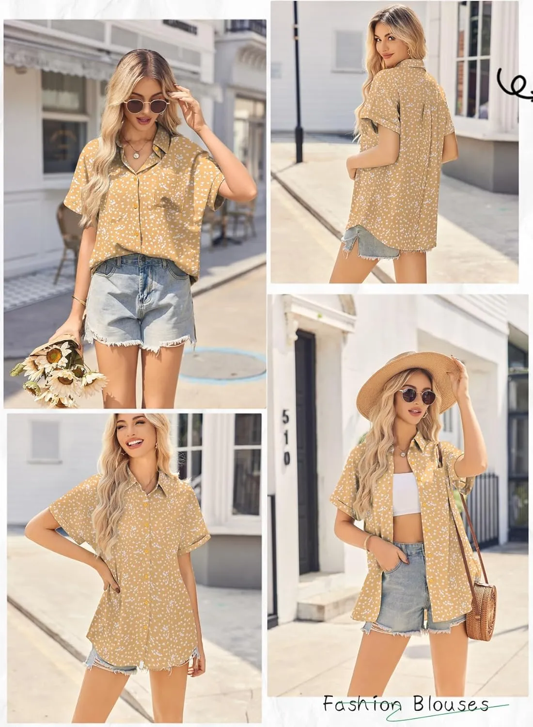 HOTOUCH Womens Short Sleeve Button Down Shirts Loose Fit V Neck Business Casual Blouses Summer Top with Pockets S-XXL