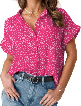 HOTOUCH Womens Short Sleeve Button Down Shirts Loose Fit V Neck Business Casual Blouses Summer Top with Pockets S-XXL