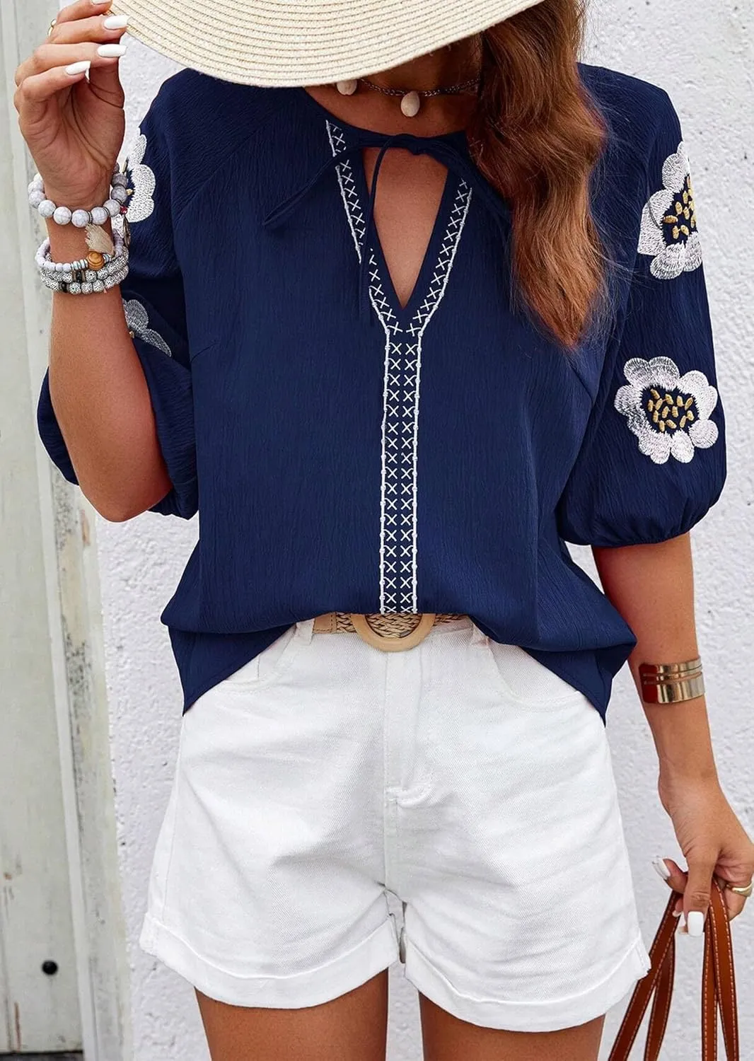 HVEPUO Summer Puff Short Sleeve Shirts for Women V Neck Boho Vacation Floral Embroidered Blouses Casual Cute Going Out Tops