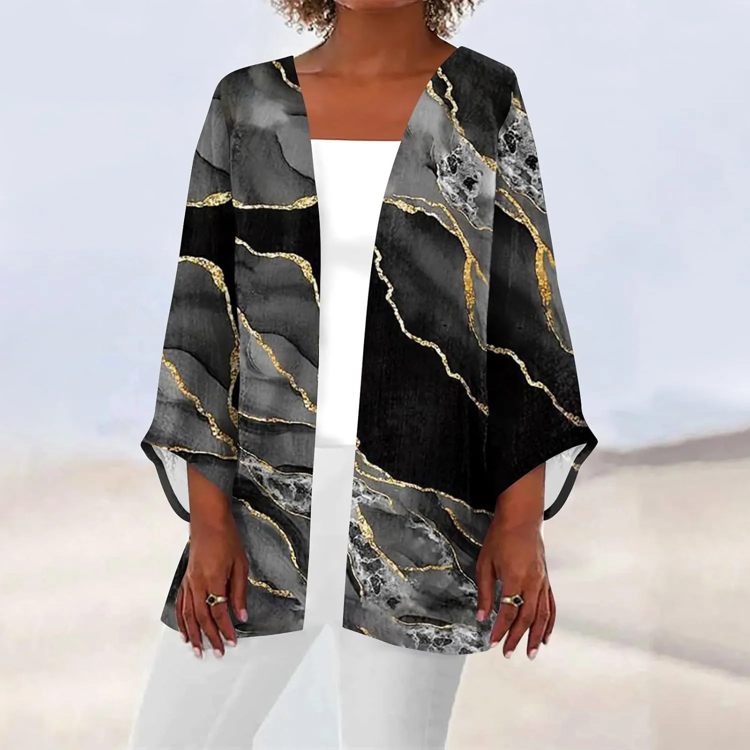 Kimonos for Women Plus Size Lightweight Floral Printed Tops Dressy Casual 3/4 Sleeve Summer Cardigan