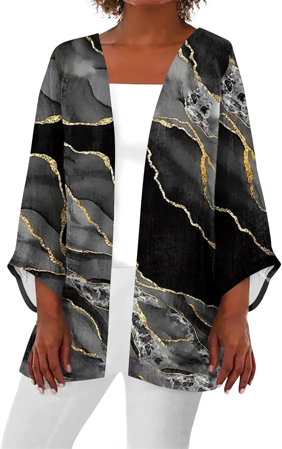 Kimonos for Women Plus Size Lightweight Floral Printed Tops Dressy Casual 3/4 Sleeve Summer Cardigan