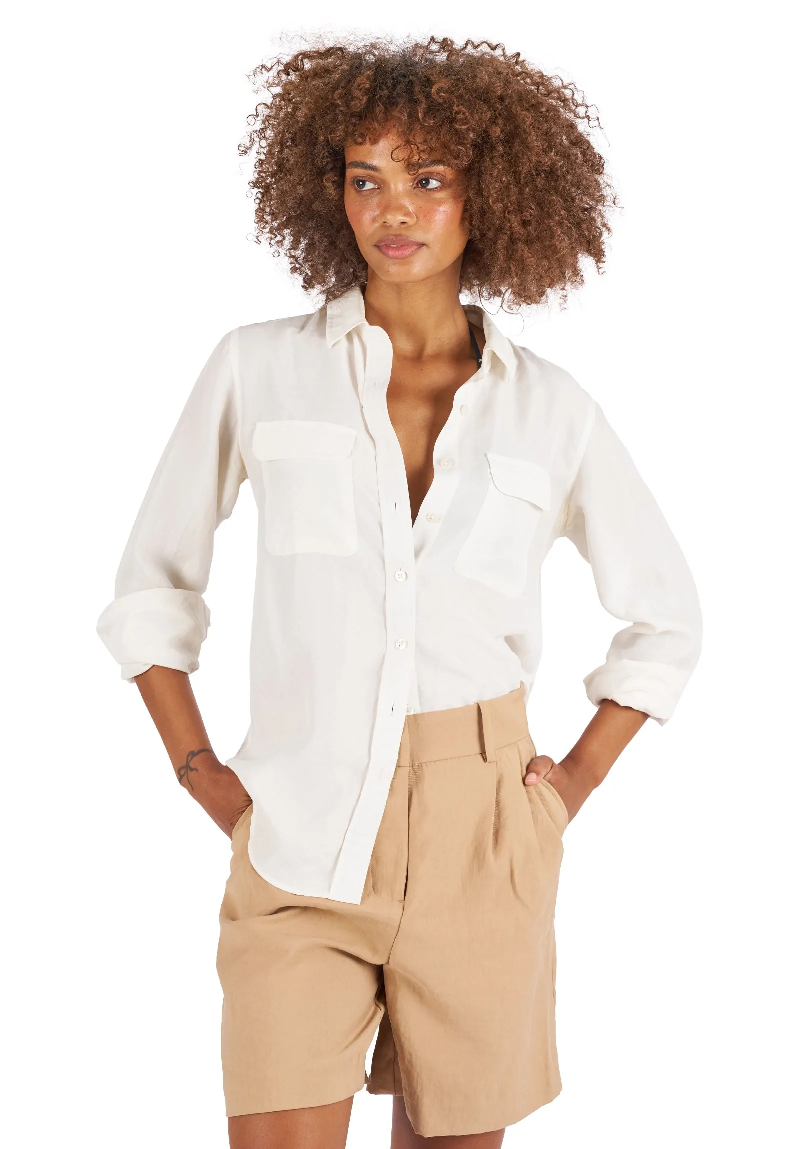 Lete-Silk White Classic Fit Sand Washed Silk Shirt