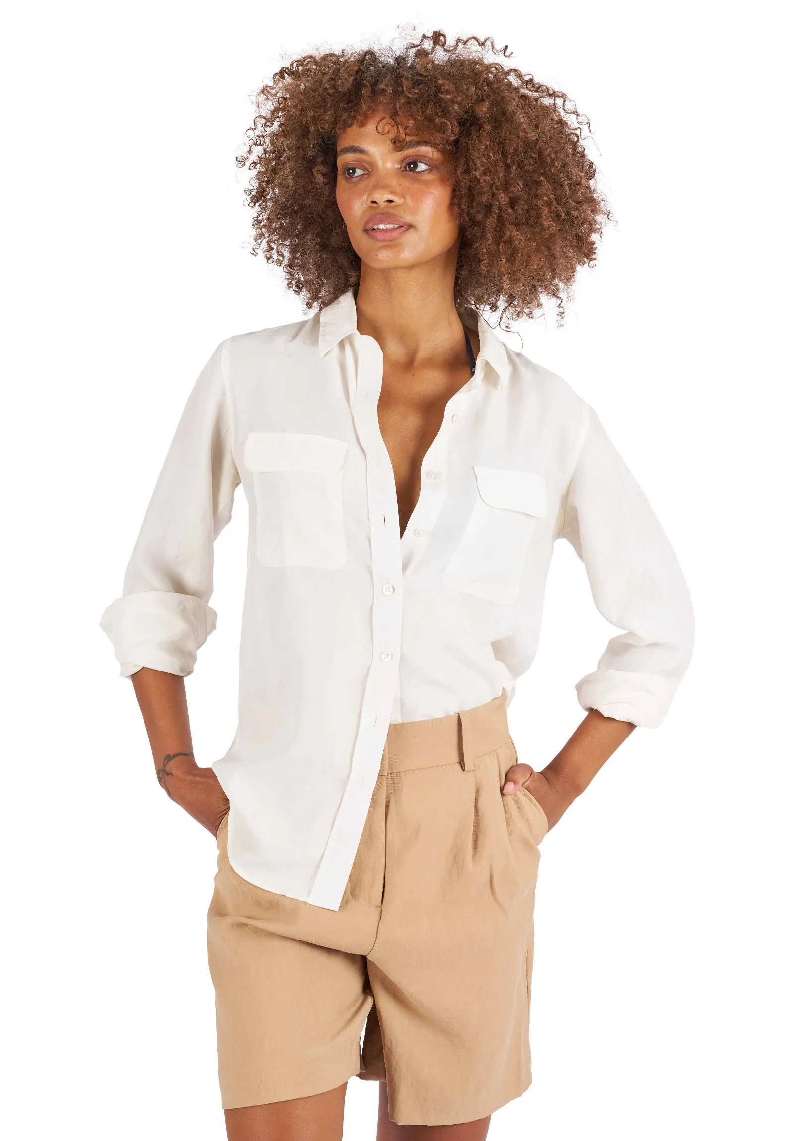 Lete-Silk White Classic Fit Sand Washed Silk Shirt