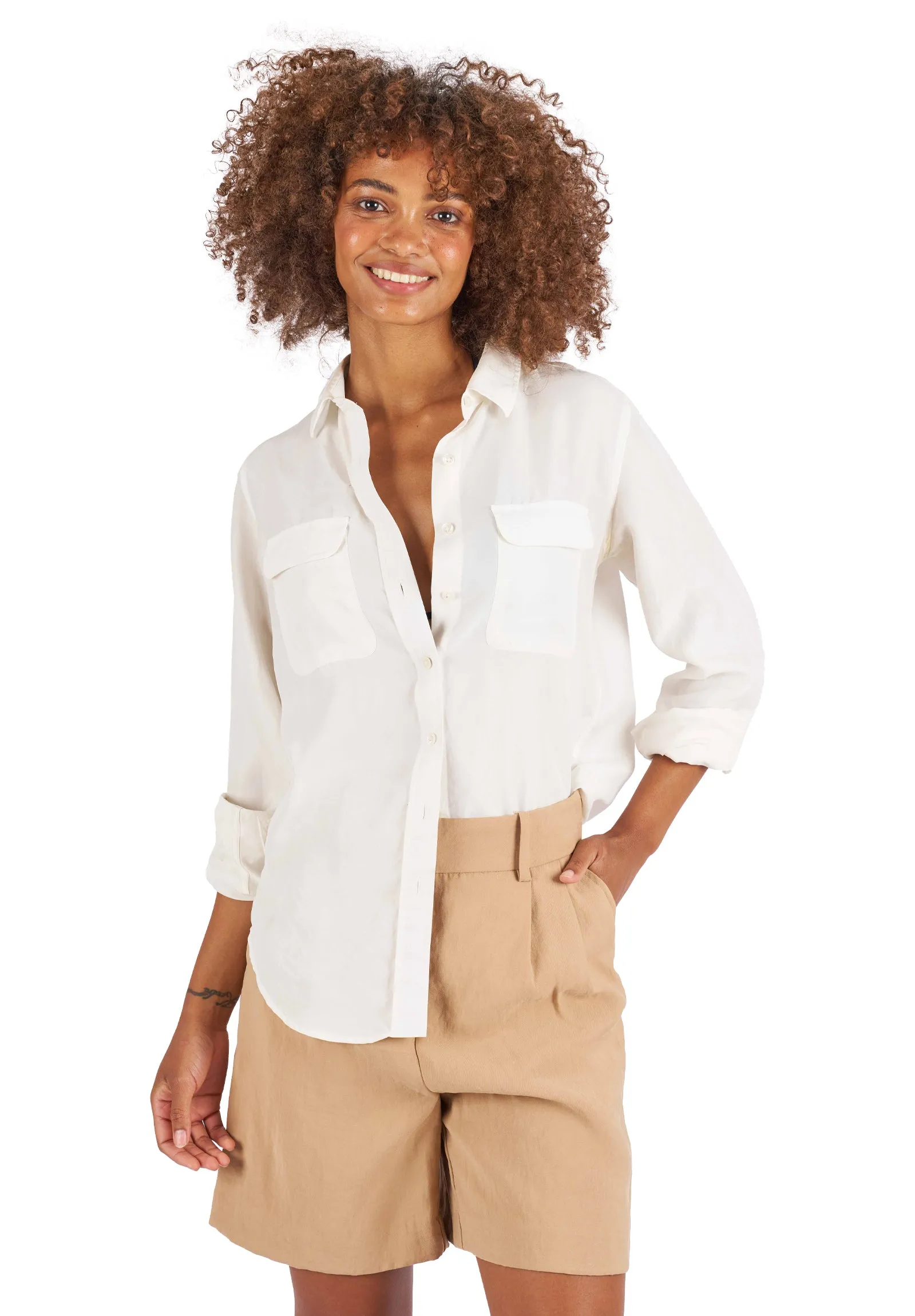 Lete-Silk White Classic Fit Sand Washed Silk Shirt