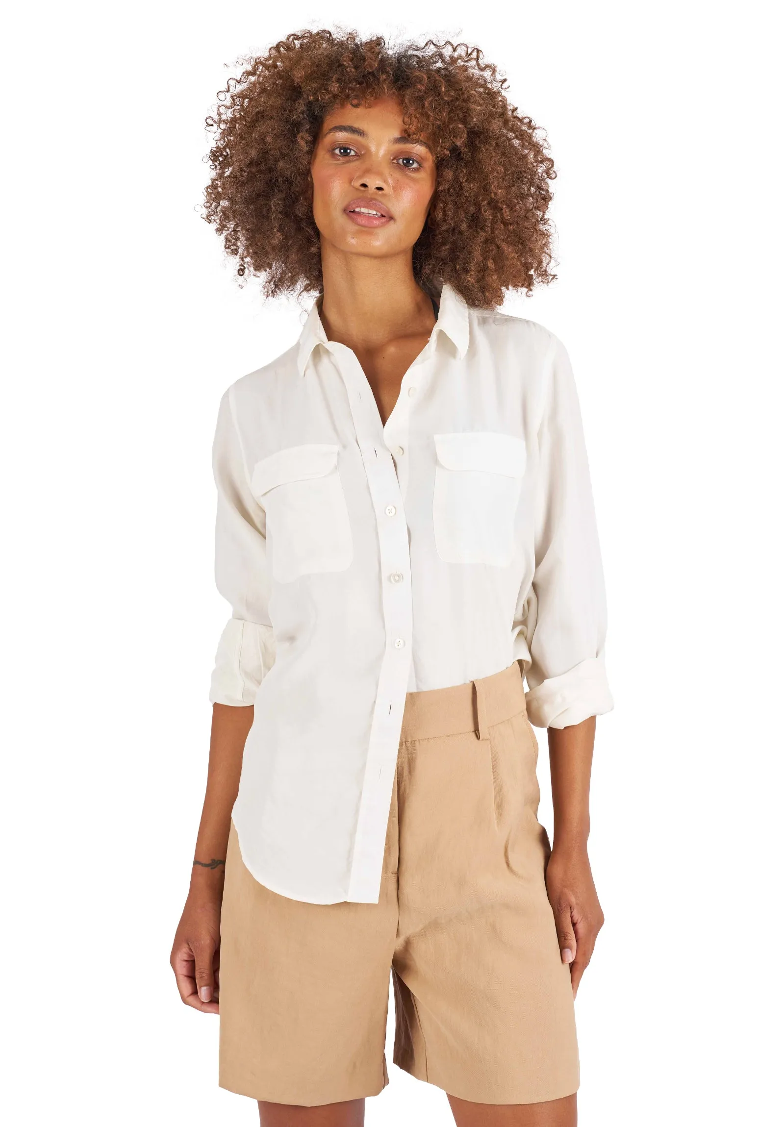 Lete-Silk White Classic Fit Sand Washed Silk Shirt
