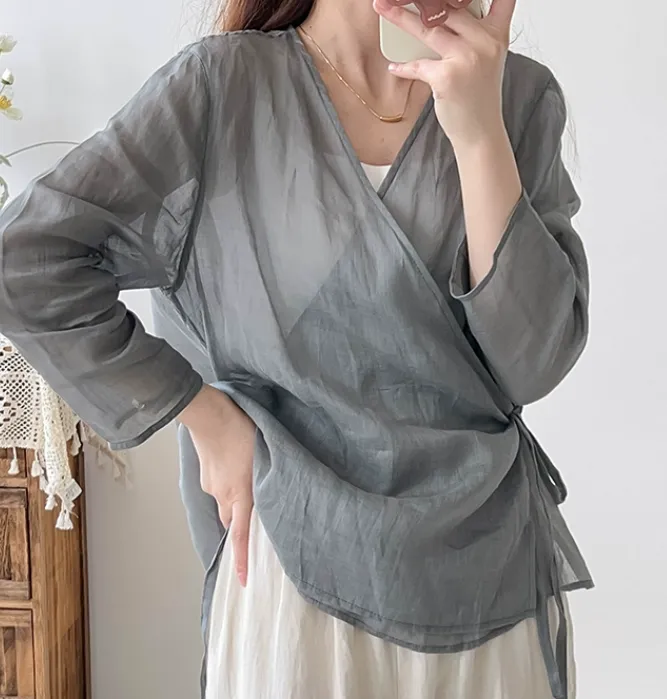 Long Sleeve loose Summer Women Linen Tops 2207