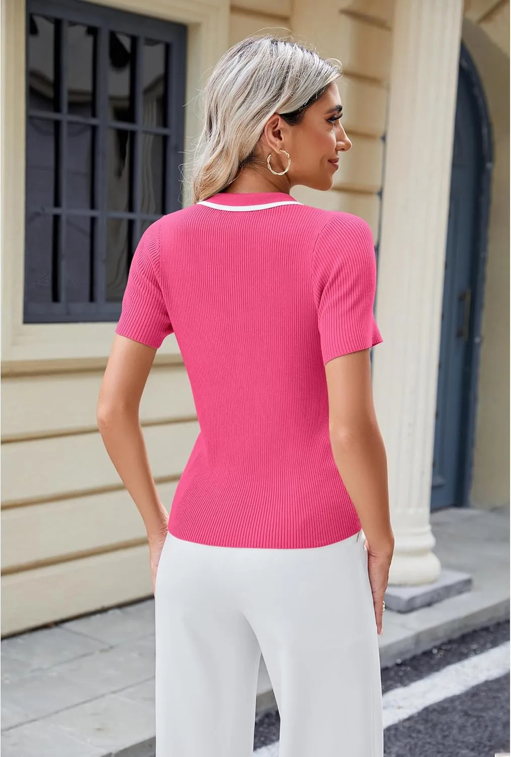 luvamia Blouses for Women Dressy Casual Knit Trendy Tops Summer Short Sleeve Color Block Button Up Collared Polo Shirt