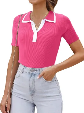 luvamia Blouses for Women Dressy Casual Knit Trendy Tops Summer Short Sleeve Color Block Button Up Collared Polo Shirt