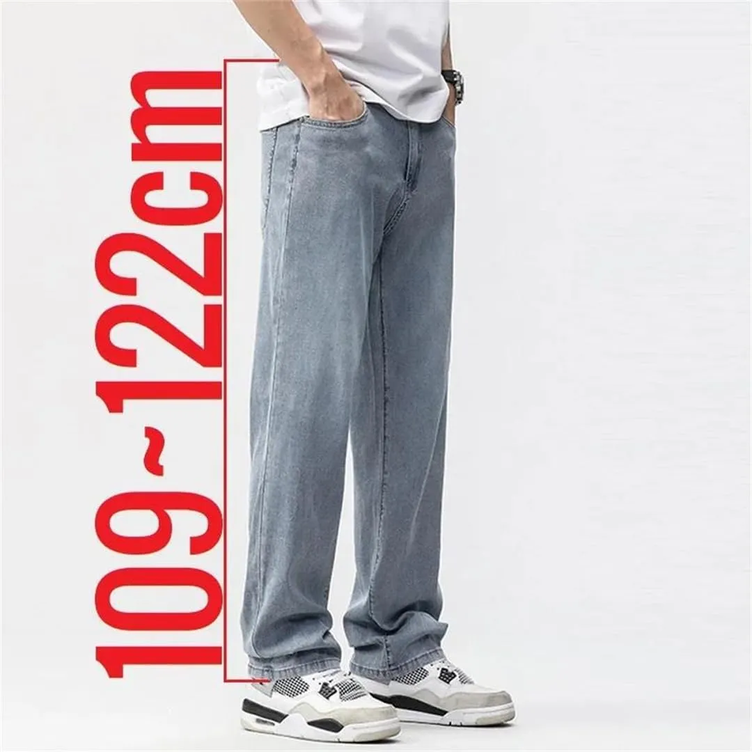 Man Summer Jean Lyocell Wide Leg Extra Long Length Big Clothes Light Stretch Straight Denim Pant