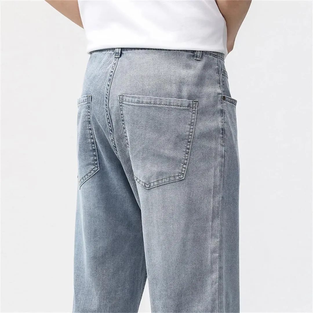 Man Summer Jean Lyocell Wide Leg Extra Long Length Big Clothes Light Stretch Straight Denim Pant