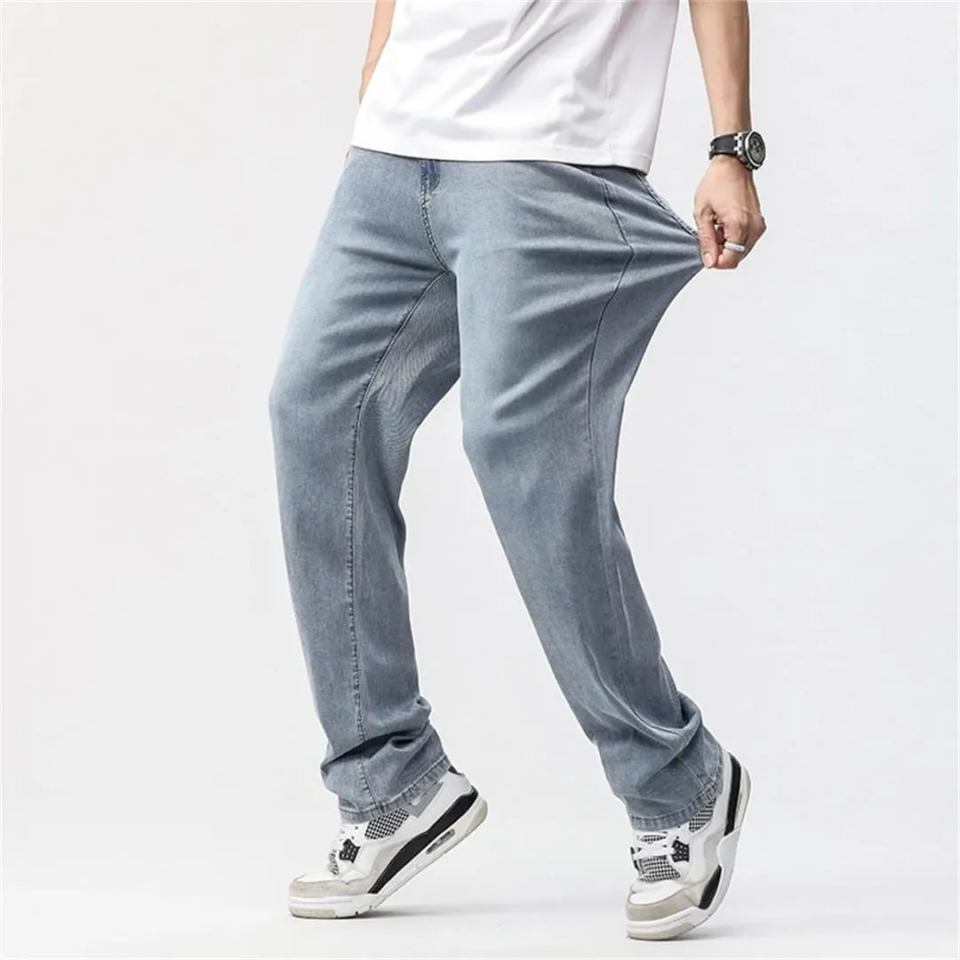Man Summer Jean Lyocell Wide Leg Extra Long Length Big Clothes Light Stretch Straight Denim Pant