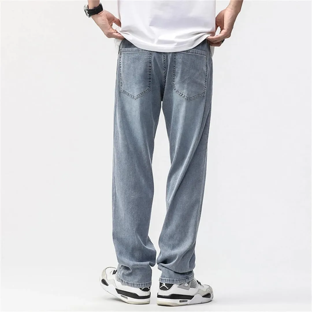 Man Summer Jean Lyocell Wide Leg Extra Long Length Big Clothes Light Stretch Straight Denim Pant