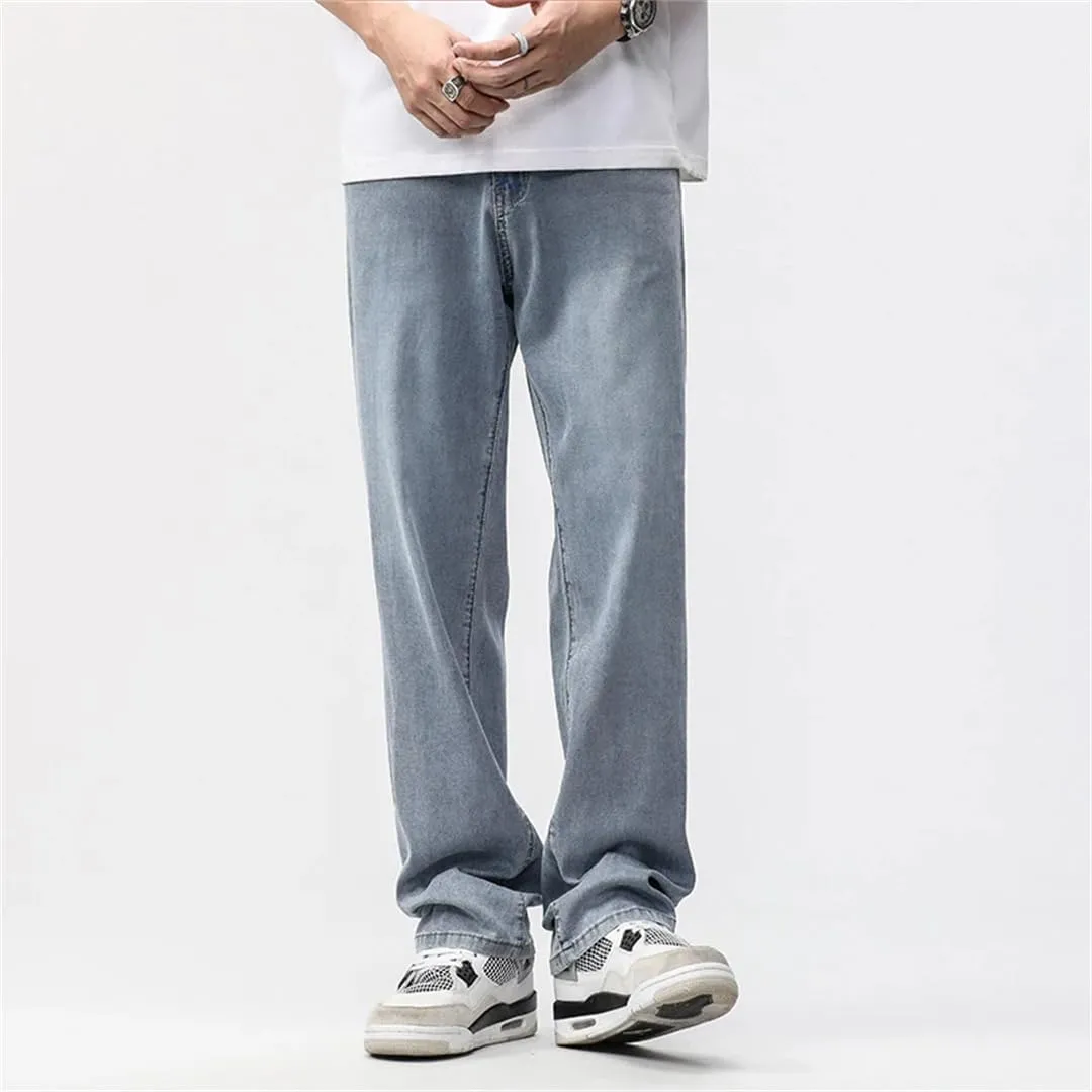 Man Summer Jean Lyocell Wide Leg Extra Long Length Big Clothes Light Stretch Straight Denim Pant
