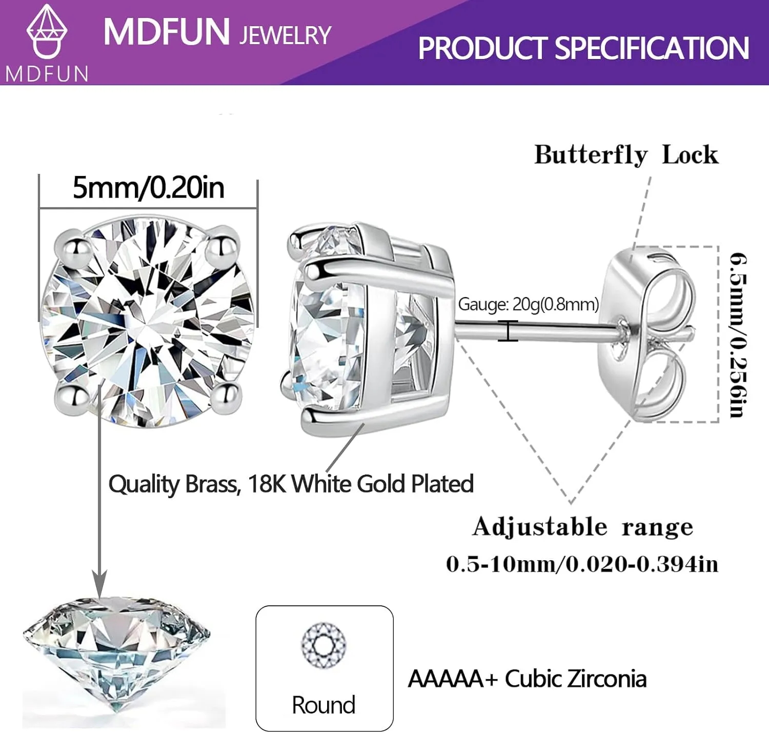 MDFUN 18K White/Yellow Gold Plated Stud Earrings for Women Men 4 Prong Graduated Round Clear Cubic Zirconia Hypoallergenic Earrings Set 3-8mm