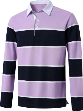 Men's Polo Shirts Long Sleeve Striped Dry Fit Casual Collared Pique Golf Polo Shirts for Mens