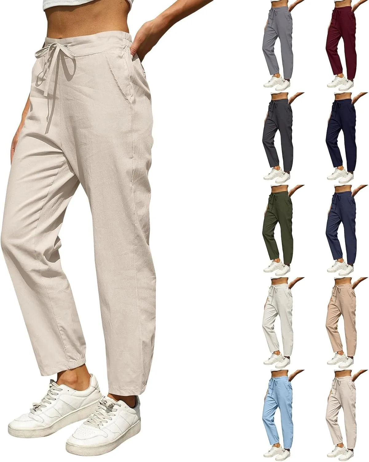 Miyaomn Womens Linen Pants for Summer Drawstring Elastic High Waist Casual Pants Loose Fit Beach Lounge Trousers with Pockets