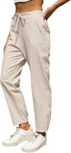 Miyaomn Womens Linen Pants for Summer Drawstring Elastic High Waist Casual Pants Loose Fit Beach Lounge Trousers with Pockets
