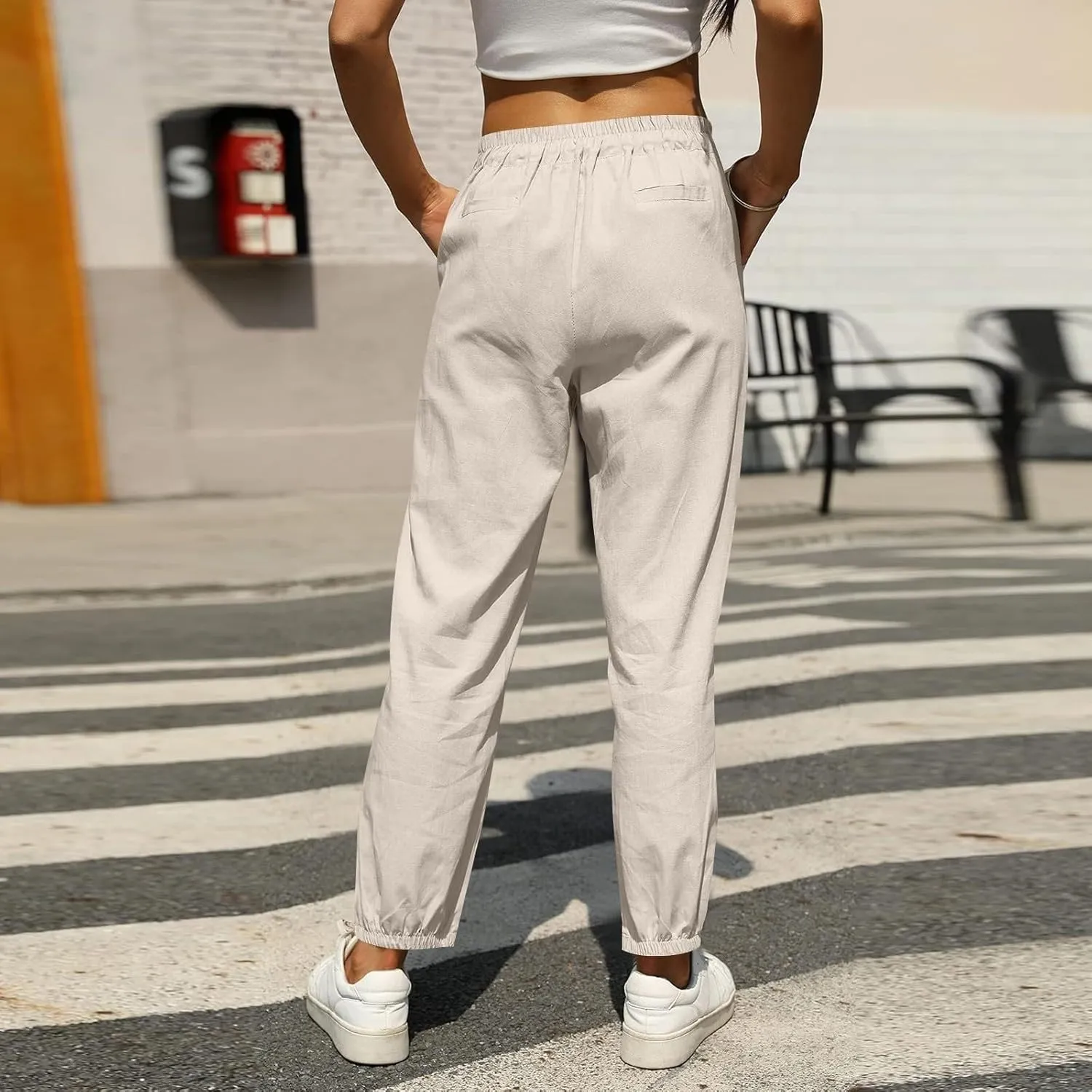 Miyaomn Womens Linen Pants for Summer Drawstring Elastic High Waist Casual Pants Loose Fit Beach Lounge Trousers with Pockets