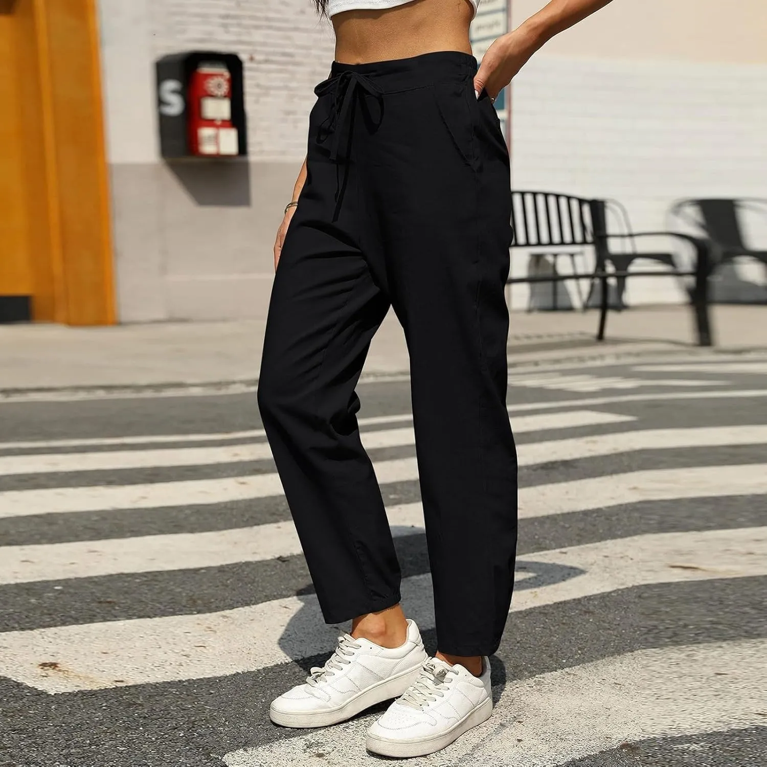 Miyaomn Womens Linen Pants for Summer Drawstring Elastic High Waist Casual Pants Loose Fit Beach Lounge Trousers with Pockets