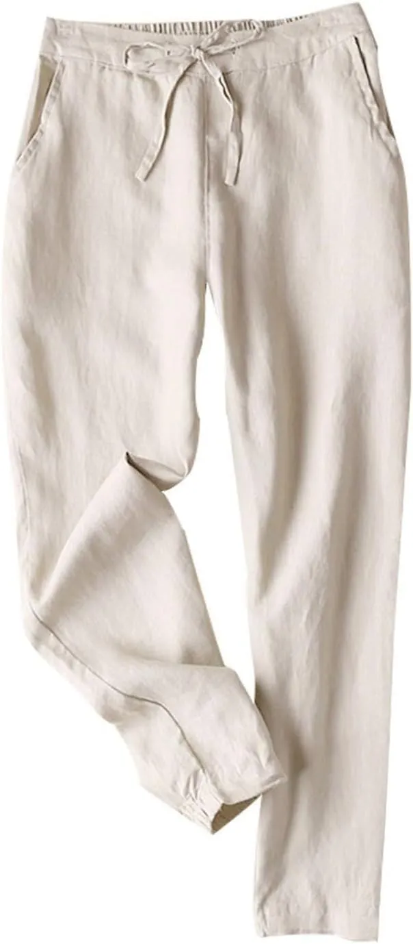 Miyaomn Womens Linen Pants for Summer Drawstring Elastic High Waist Casual Pants Loose Fit Beach Lounge Trousers with Pockets
