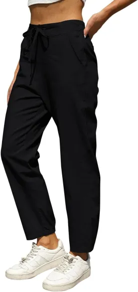 Miyaomn Womens Linen Pants for Summer Drawstring Elastic High Waist Casual Pants Loose Fit Beach Lounge Trousers with Pockets