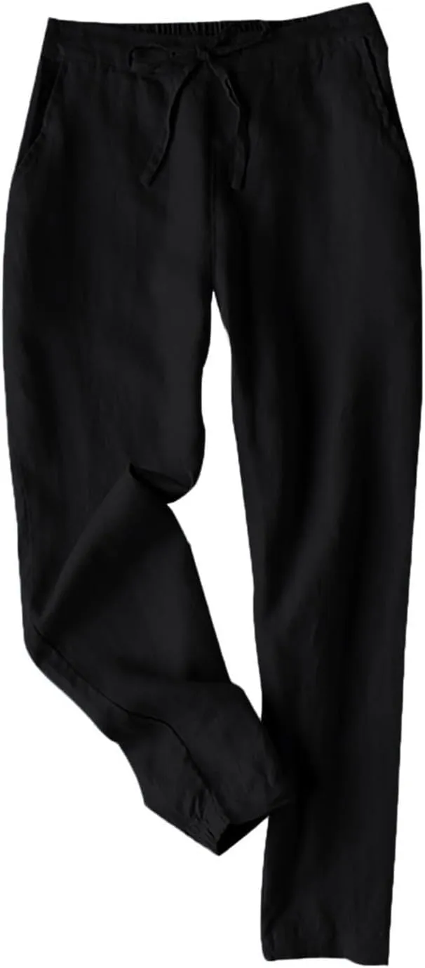 Miyaomn Womens Linen Pants for Summer Drawstring Elastic High Waist Casual Pants Loose Fit Beach Lounge Trousers with Pockets