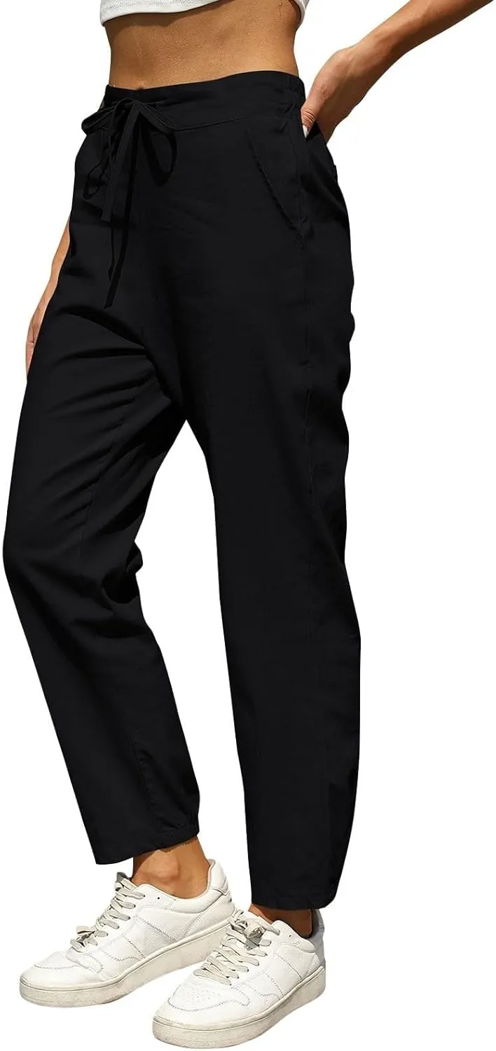 Miyaomn Womens Linen Pants for Summer Drawstring Elastic High Waist Casual Pants Loose Fit Beach Lounge Trousers with Pockets