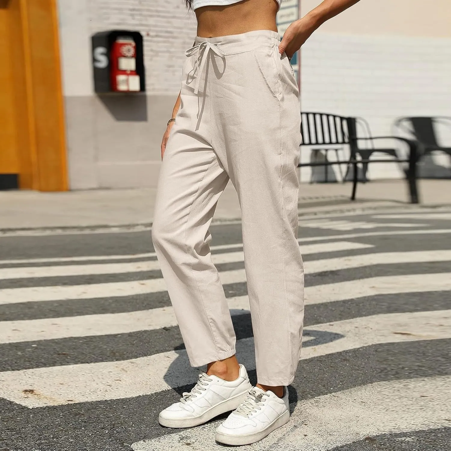 Miyaomn Womens Linen Pants for Summer Drawstring Elastic High Waist Casual Pants Loose Fit Beach Lounge Trousers with Pockets