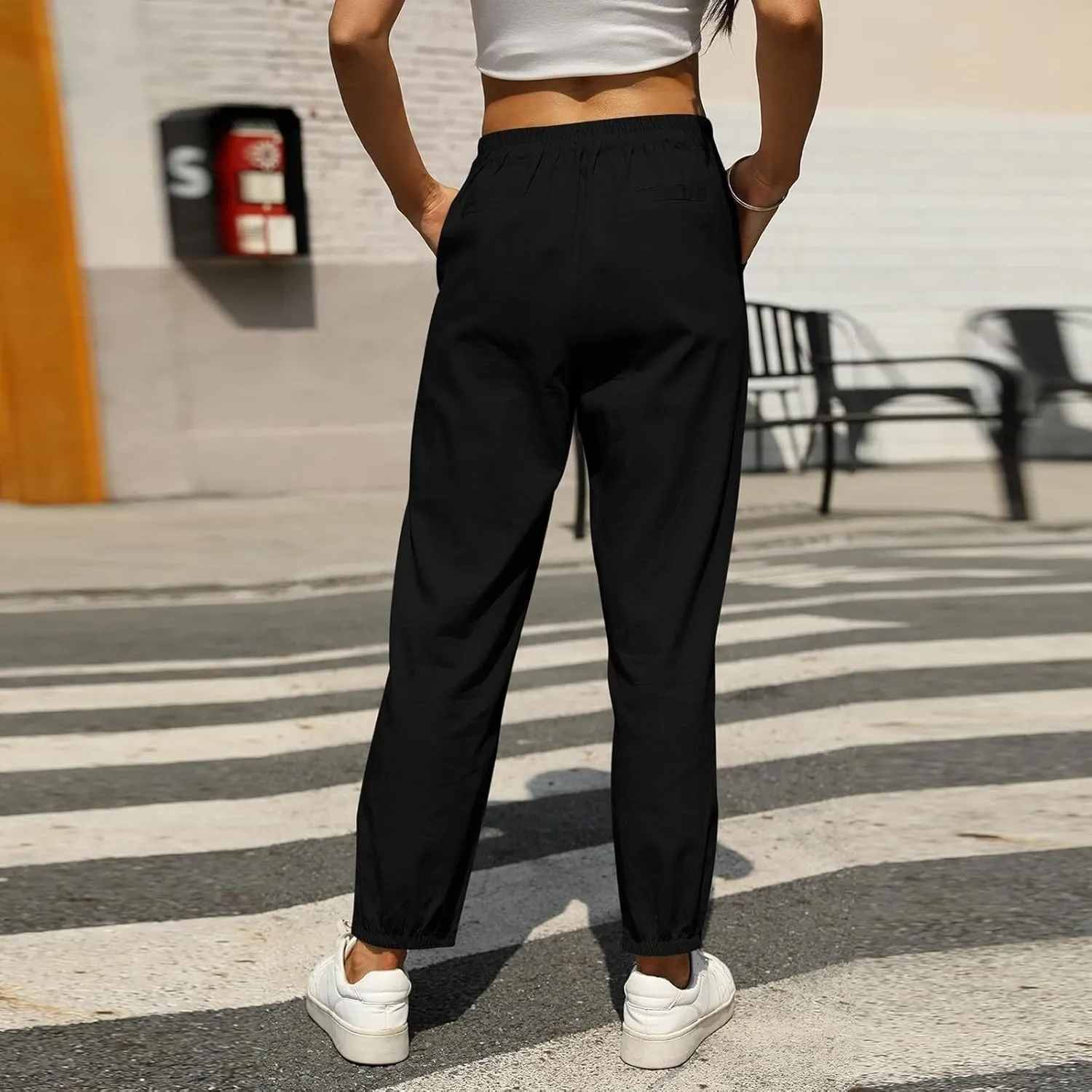 Miyaomn Womens Linen Pants for Summer Drawstring Elastic High Waist Casual Pants Loose Fit Beach Lounge Trousers with Pockets