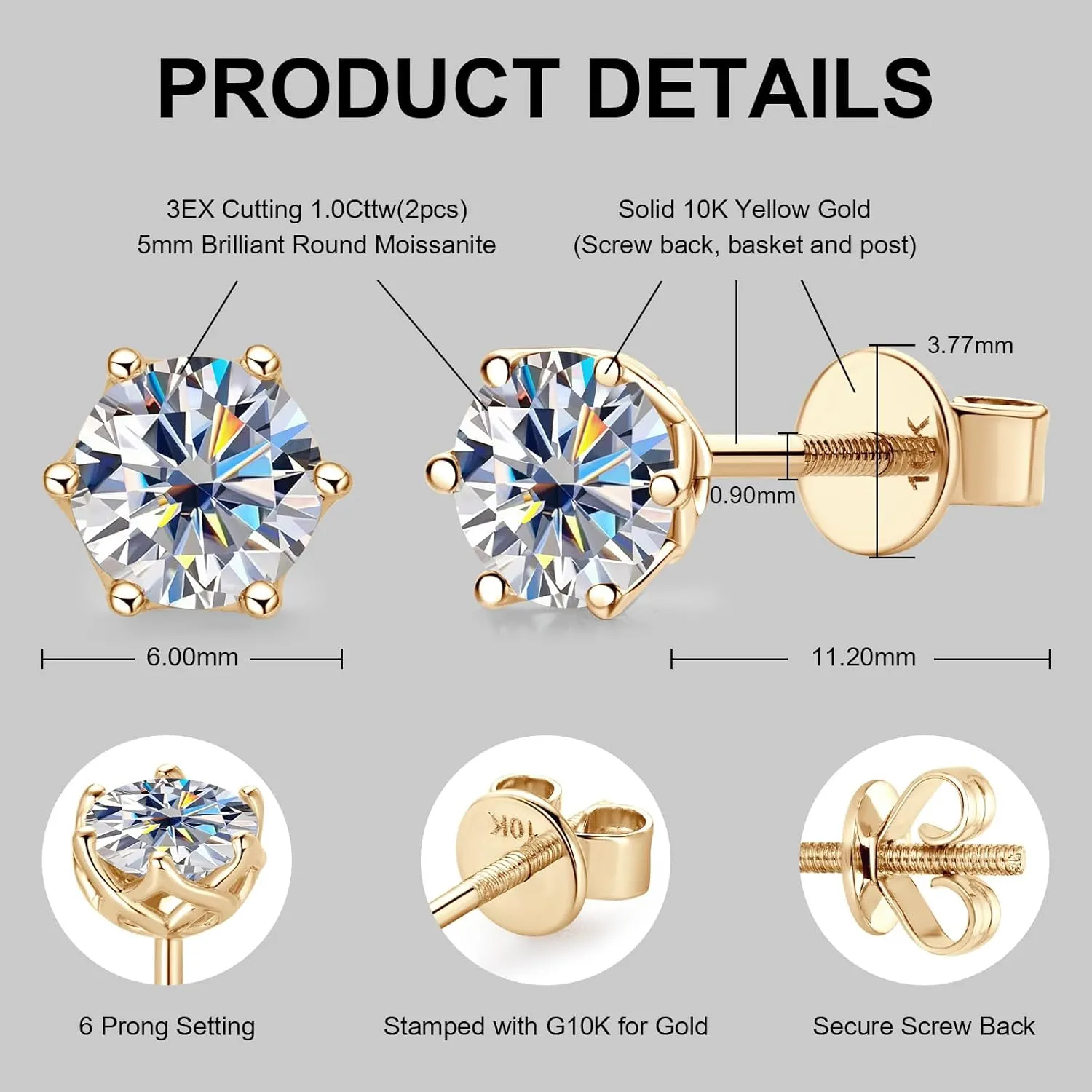 Moissanite Stud Earrings for Men, 10K Real Gold Earrings for Women, D Color VVS1 Round Cut 1CT/2CT Lab Created Solitaire Moissanite Earring Studs Solid Gold Screw Back, Jewelry Gift for Women Men