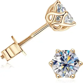 Moissanite Stud Earrings for Men, 10K Real Gold Earrings for Women, D Color VVS1 Round Cut 1CT/2CT Lab Created Solitaire Moissanite Earring Studs Solid Gold Screw Back, Jewelry Gift for Women Men