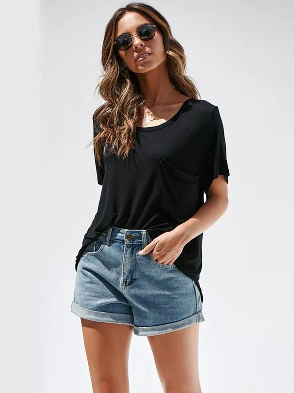 Neck Short Sleeve with Pocket Blouses&Shirts Tops