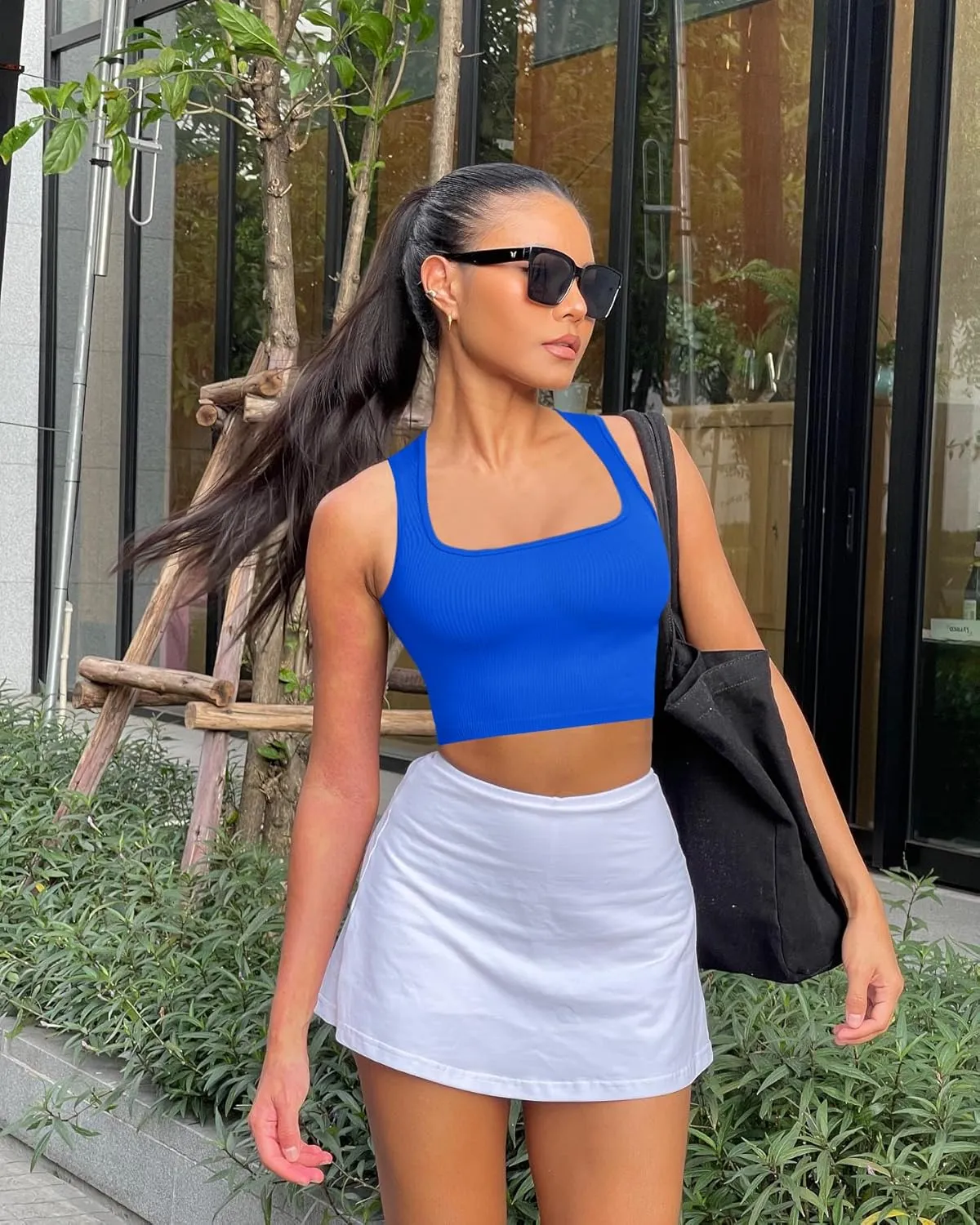OLCHEE Womens 3 Pack Crop Tank Tops Seamless Ribbed Square Neck Tapered Shoulder Strap Sleeveless Workout Top Summer Shirts