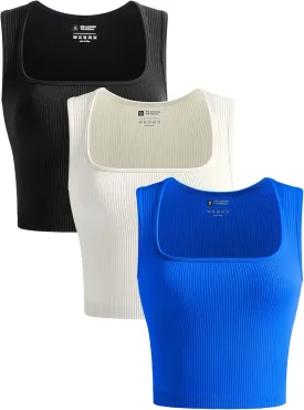 OLCHEE Womens 3 Pack Crop Tank Tops Seamless Ribbed Square Neck Tapered Shoulder Strap Sleeveless Workout Top Summer Shirts