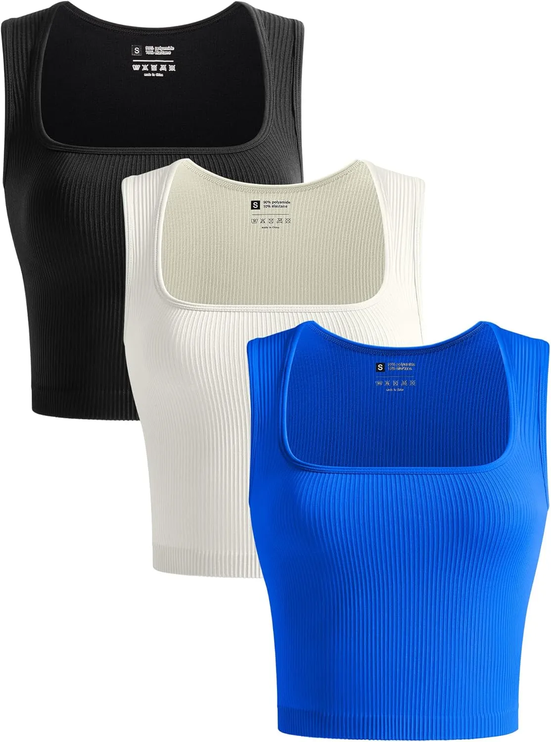 OLCHEE Womens 3 Pack Crop Tank Tops Seamless Ribbed Square Neck Tapered Shoulder Strap Sleeveless Workout Top Summer Shirts