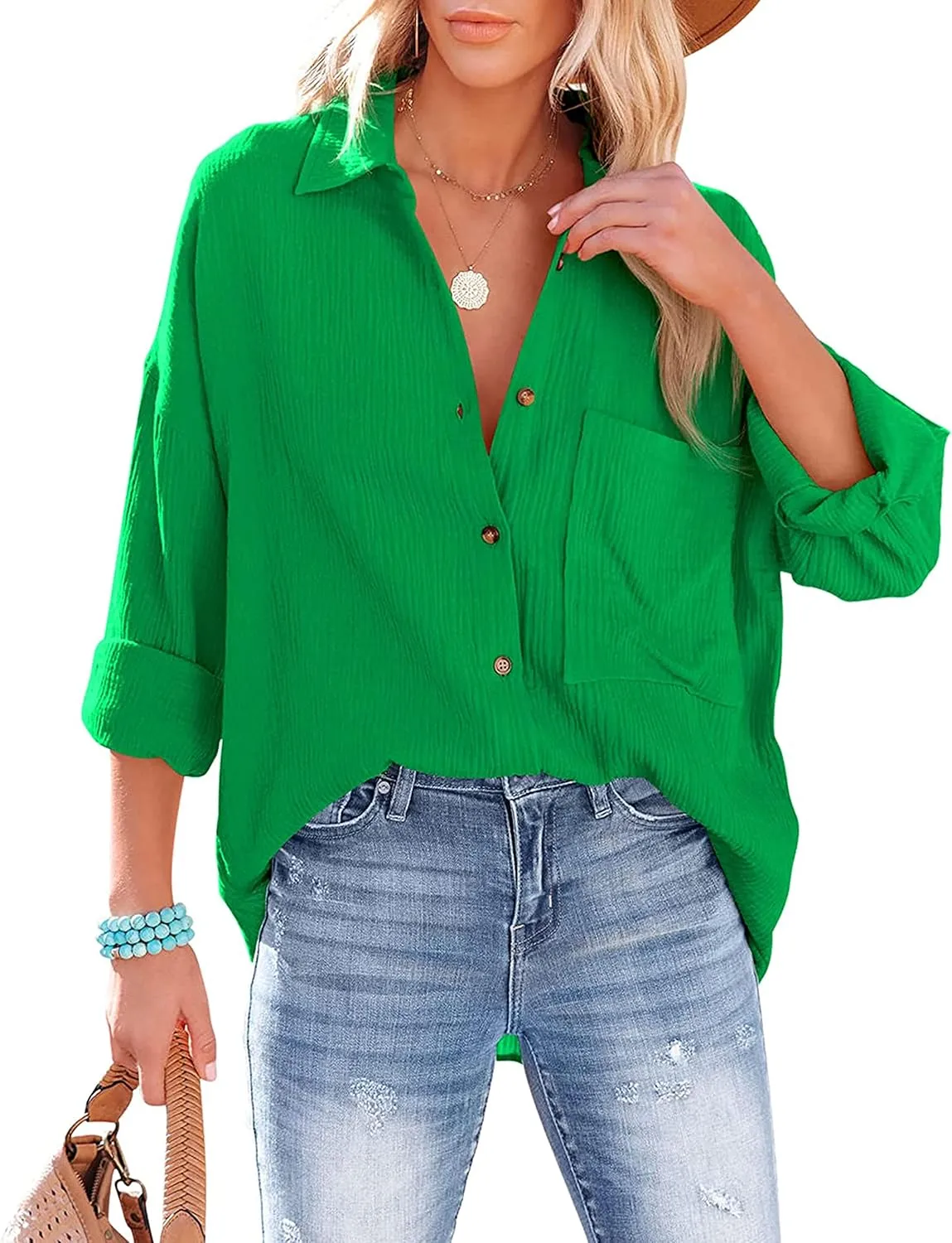 Oversized Button Down Shirts for Women Cotton Boyfriend Long Sleeve Work Blouses Tops
