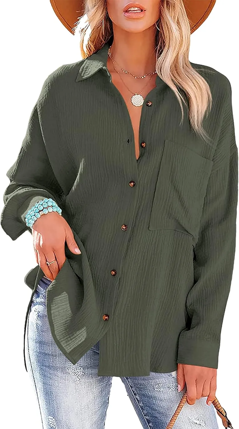 Oversized Button Down Shirts for Women Cotton Boyfriend Long Sleeve Work Blouses Tops