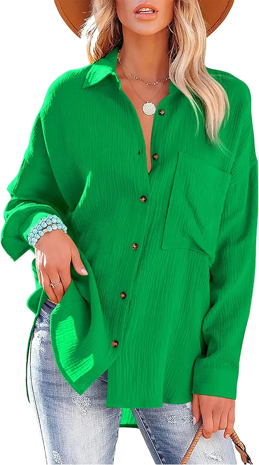Oversized Button Down Shirts for Women Cotton Boyfriend Long Sleeve Work Blouses Tops