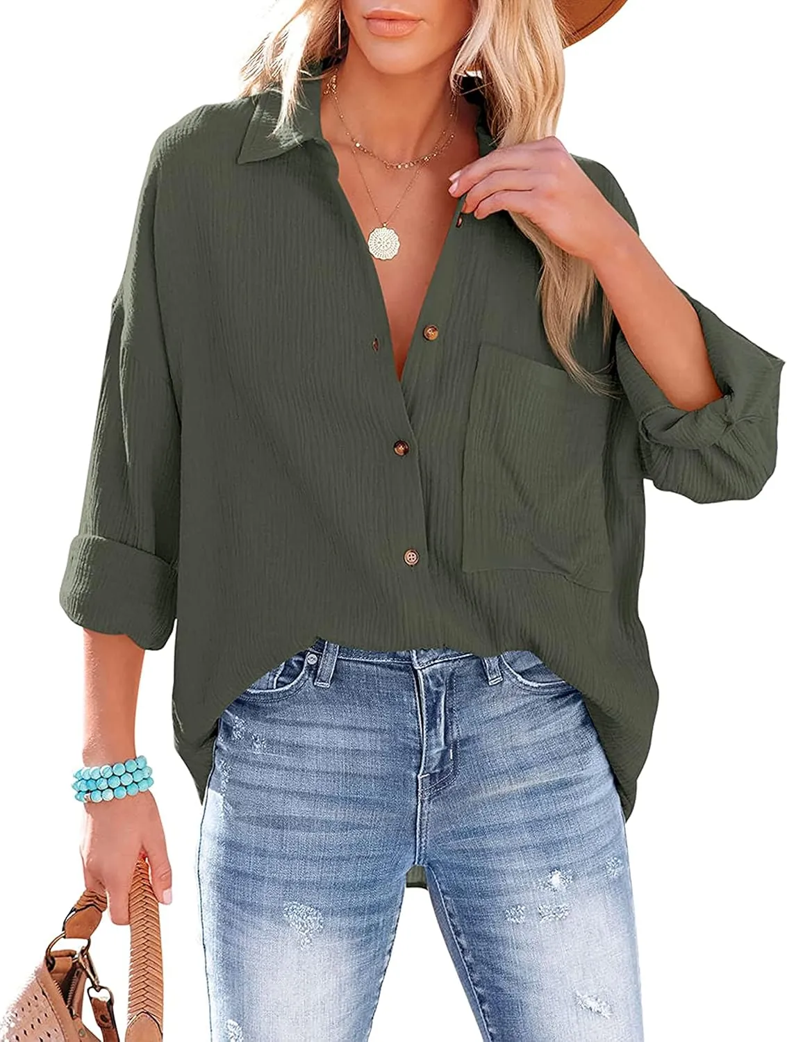 Oversized Button Down Shirts for Women Cotton Boyfriend Long Sleeve Work Blouses Tops