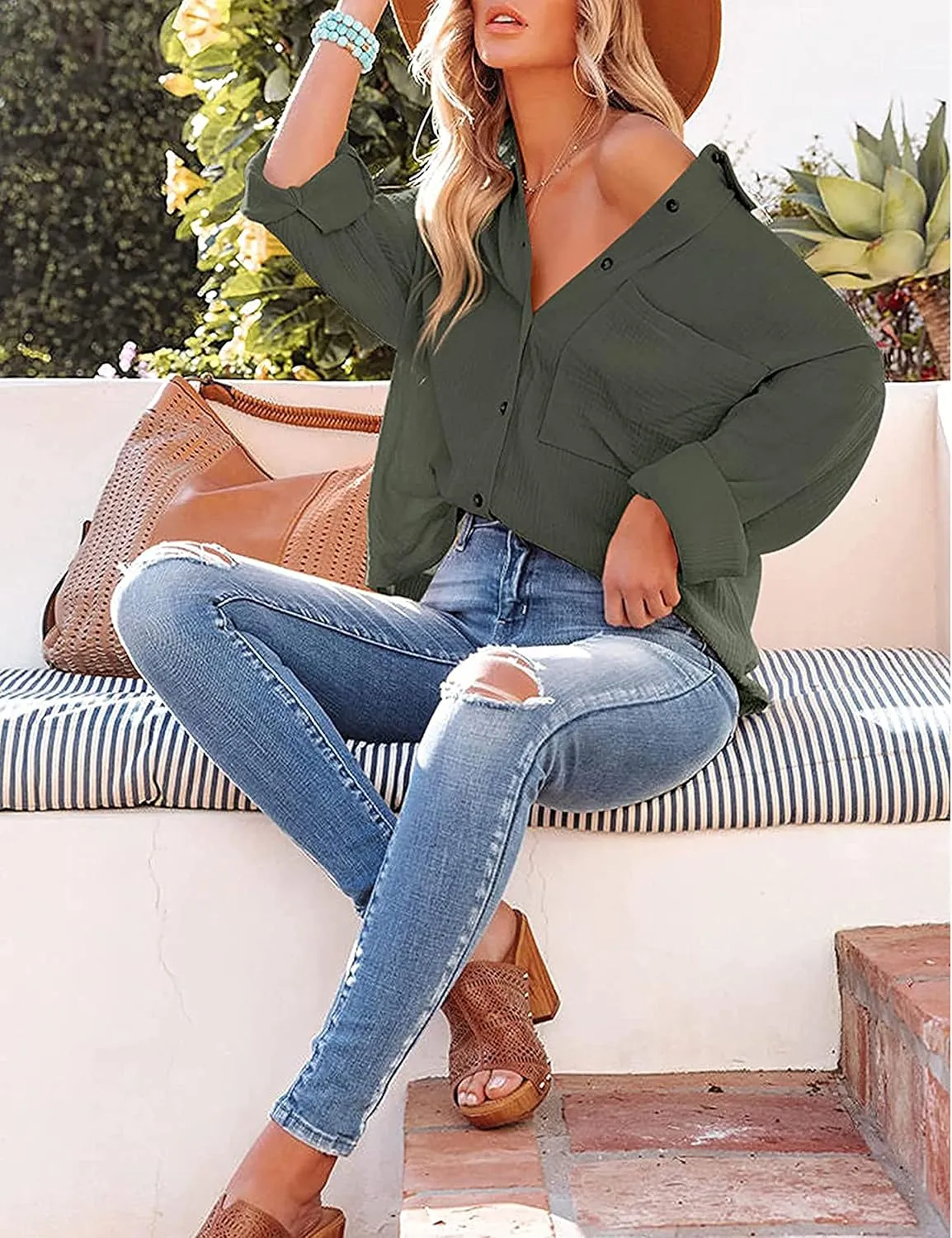 Oversized Button Down Shirts for Women Cotton Boyfriend Long Sleeve Work Blouses Tops