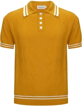 OXKNIT Mens Knitted Vintage Polo Shirt, 1960s Mod Style Retro Polo Textures Shirt with Double Line Neck