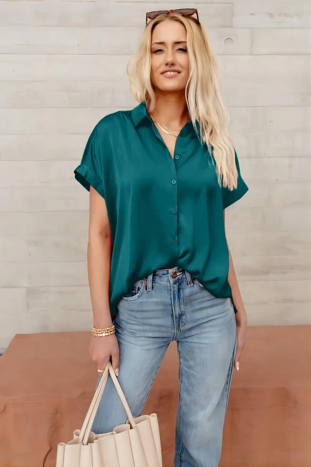 Pausus Satin Button Down Shirts for Women Short Sleeve Office Blouse Casual Business V Neck Silk Tops Slim Fit S-XXL