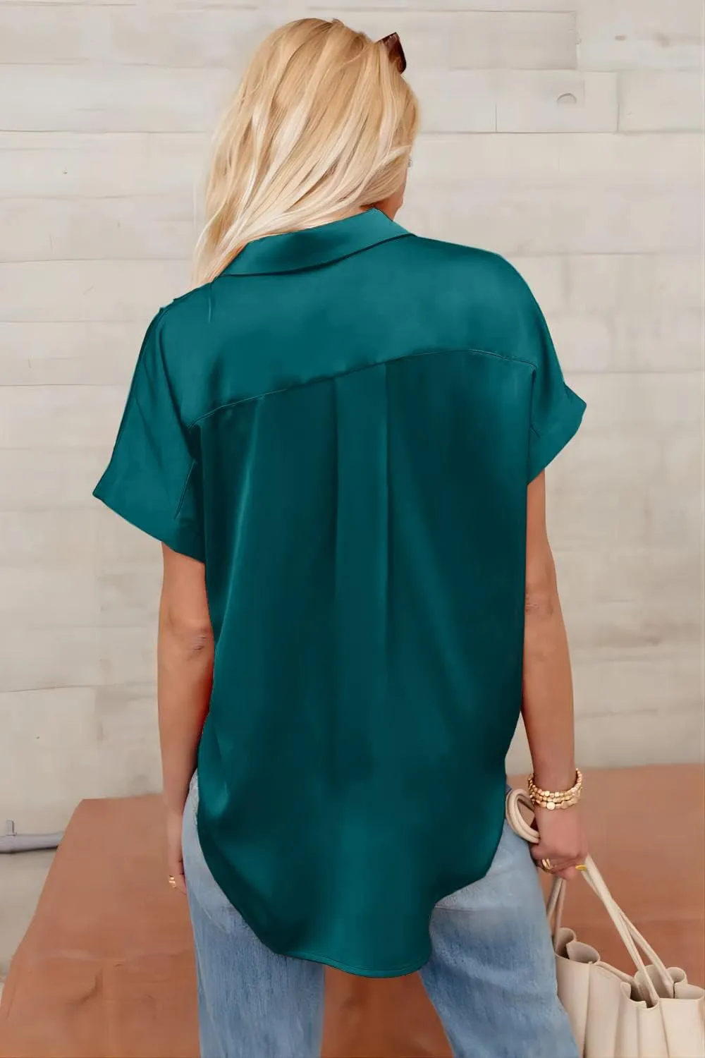 Pausus Satin Button Down Shirts for Women Short Sleeve Office Blouse Casual Business V Neck Silk Tops Slim Fit S-XXL