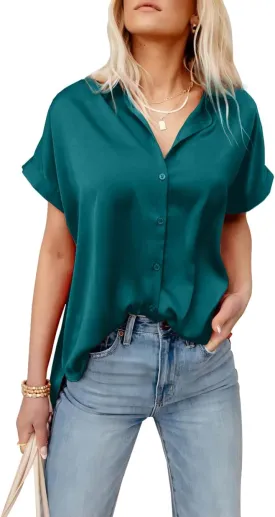 Pausus Satin Button Down Shirts for Women Short Sleeve Office Blouse Casual Business V Neck Silk Tops Slim Fit S-XXL