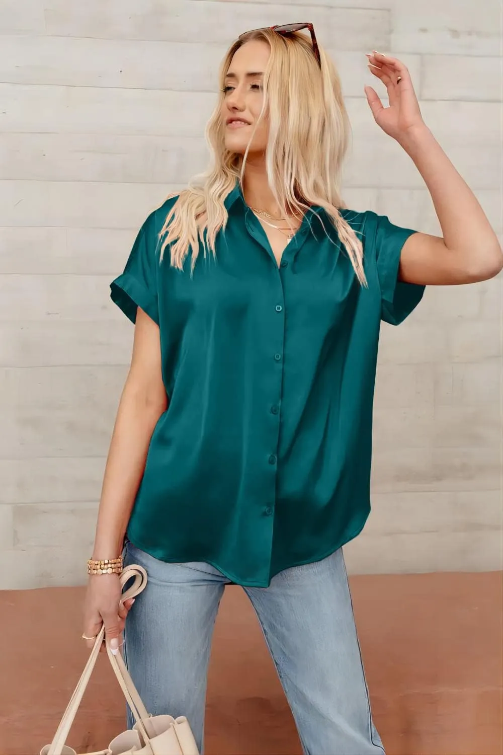 Pausus Satin Button Down Shirts for Women Short Sleeve Office Blouse Casual Business V Neck Silk Tops Slim Fit S-XXL