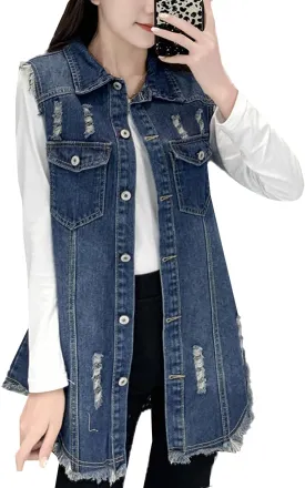 PEHMEA Women's Retro Button Up Sleeveless Mid Long Ripped Denim Jean Vest Waistcoat